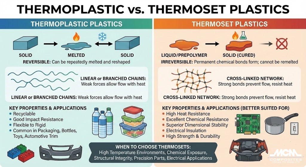 Thermoplastics and Thermoset plastics have many differences.  This infographic explains them.